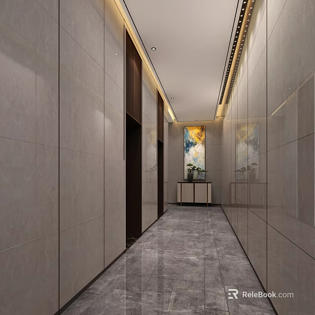Modern Elevator Hallway With Marble Walls Gray Floor Ceiling Lighting And Artwork 3d model