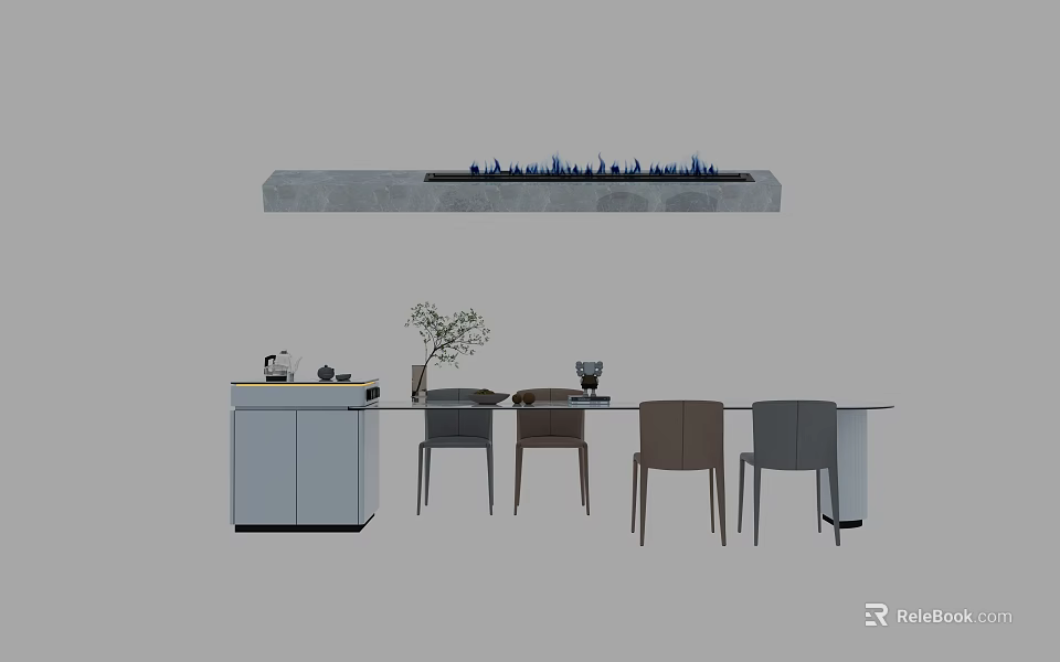 Modern Dining Table Set With Chairs Side Cabinet And Decorative Plant 3d model