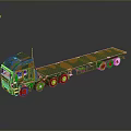 Green Truck With Long Flatbed Trailer Orange Patterns And Multiple Wheels 3d model
