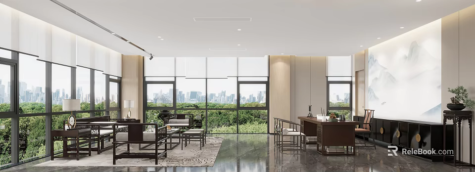 Modern Office Interior With Large Windows City View Greenery Sofa And Desk 3d model