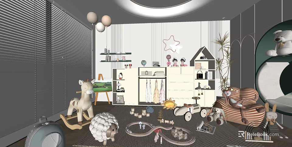 Playful Kids Room Interior Design With Toys Bookshelf Star Decor And Dolls 3d model 