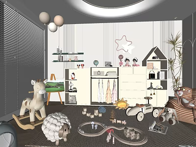 Playful Kids Room Interior Design With Toys Bookshelf Star Decor And Dolls 3d model