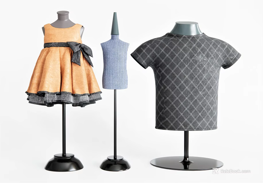 Orange Ruffled Hem Dress Blue Sleeveless Top And Dark Gray Diamond Pattern T Shirt 3d model 