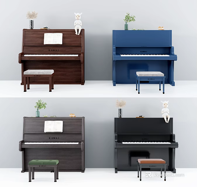Brown Blue Black Acoustic Pianos With Music Sheets Small Plants And Stools 3d model 