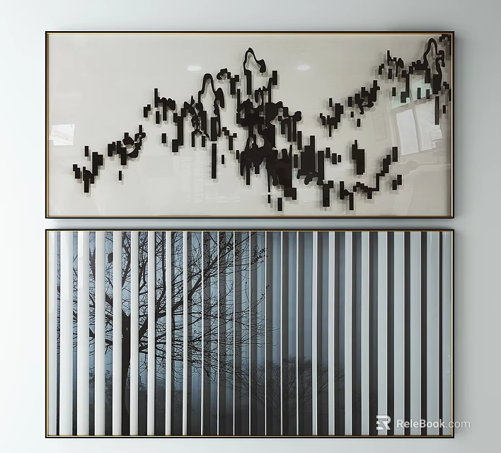 Modern Abstract Geometric And Vertical Stripe Wall Decor Paintings With Tree Shadow 3d model