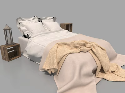 Cozy Double Bed with White Sheets Pillows Beige Blanket and Wooden Nightstands with Lantern Decor 3d model