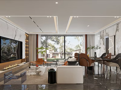 Modern Open Living and Dining Room Interior with Sofa Table Chairs Large Windows Decorative Paintings 3d model