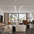 Modern Open Living and Dining Room Interior with Sofa Table Chairs Large Windows Decorative Paintings