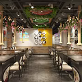 Modern Restaurant Interior With Green Vines Wine Racks Yellow Walls And Dining Seating