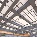 Modern Commercial Ceiling Design With Metal Framework Wooden Accents And Integrated Lighting