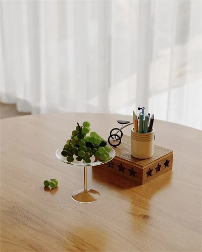 Decorative Ornament Set with Green Plants Transparent Stand Small Bicycle Model and Star Wooden Base 3d model