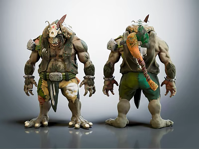 Orc Like Game And Movie Character With Horns Armor And Weapon Front Back Views 3d model