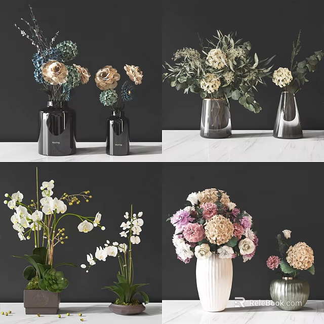 Modern Tabletop Ceramic Vases With Mixed Flowers Roses Orchids And Hydrangeas 3d model