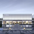 Modern Sales Center Building With Glass Facade Reflective Pool And Entrance Walkway 3d model