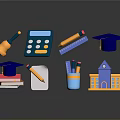 Colorful Stationery Items Featuring Calculator Pencil Books Ruler Desk Lamp And Graduation Caps