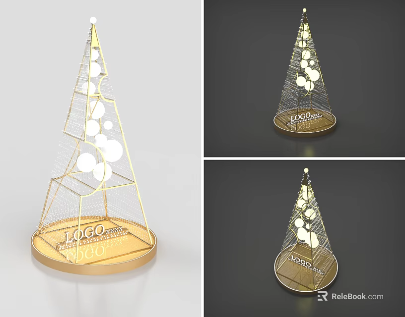 Golden Metal Frame Christmas Tree Decoration With White Round Ornaments And Logo Base 3d model