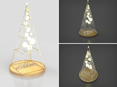 Golden Metal Frame Christmas Tree Decoration With White Round Ornaments And Logo Base 3d model