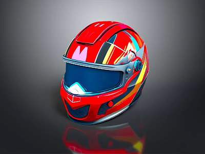 Modern Weapon Helmet With Red Glossy Body Blue Visor And Colorful Stripes 3d model