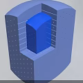 Character Inspired Biomorphic Structure With Blue Central Cube And Perforated Surface