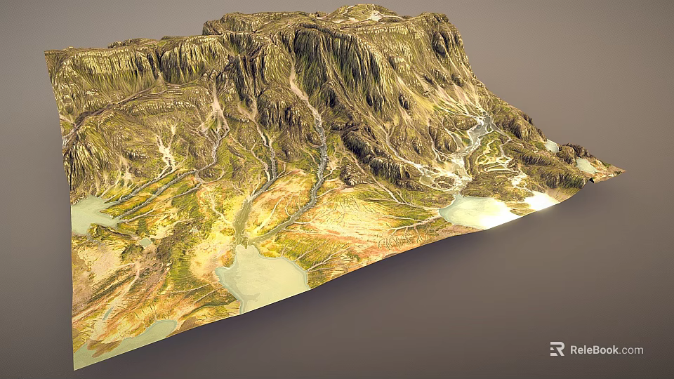 Detailed Natural Mountain Garden Landscape With Rolling Terrain Winding Rivers And Scenic Lakes 3d model 