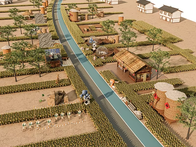 Scenic Rural Landscape With Winding Path Cornfields Traditional Houses And Trees 3d model
