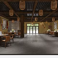 Traditional Chinese Restaurant Interior With Wooden Ceiling Bamboo Lanterns And Classic Furniture