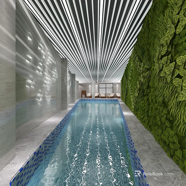 Indoor Swimming Pool Featuring Striped Ceiling Green Plant Wall Stone Walls and Light Reflections 3d model 