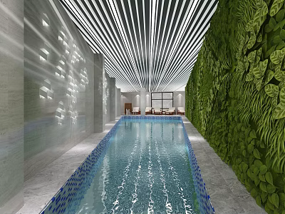 Indoor Swimming Pool Featuring Striped Ceiling Green Plant Wall Stone Walls and Light Reflections 3d model