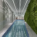 Indoor Swimming Pool Featuring Striped Ceiling Green Plant Wall Stone Walls and Light Reflections