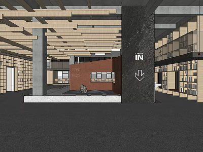 Modern Public Office Space With Wooden Ceiling Black Pillars Red Brick Wall And Bookshelves 3d model
