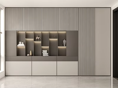 Modern Bookcase Interior Design With Illuminated Shelves Books Decorative Items And Vertical Striped Backdrop 3d model