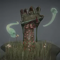 Cartoon Scene Featuring Mysterious Spotted Creature Broken Structure Green Ghosts Grass Mushrooms And Skull