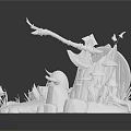 Golden Fantasy Weapons And Decorative Elements With Axe Shield Barrels And Flames
