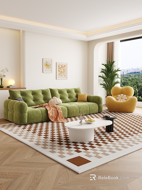 Cozy Green Sofa White Coffee Table Set With Yellow Armchair Checkerboard Rug And Wall Art 3d model 