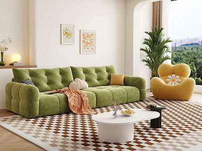 Cozy Green Sofa White Coffee Table Set With Yellow Armchair Checkerboard Rug And Wall Art 3d model