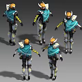 3D Game Movie Character With Orange Hair Horned Helmet Blue Cape White Gold Armor