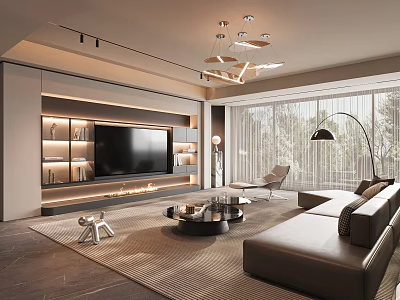 Modern Living Room Interior With TV Wall Pendant Lights Sofa And Floor to Ceiling Windows 3d model