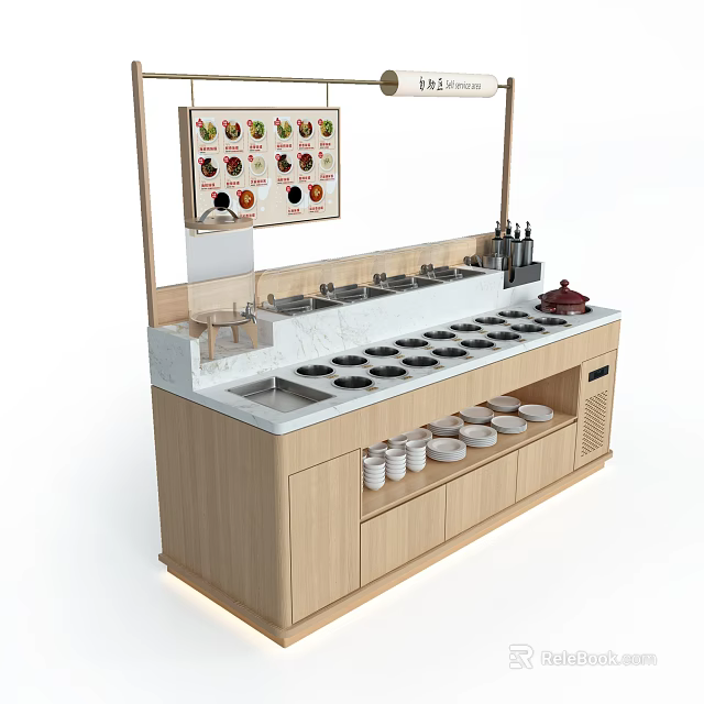 Modern Wooden Sideboard With White Countertop Black Indents Sink Tableware Display Shelf And Colorful 3d model 