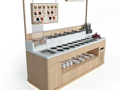 Modern Wooden Sideboard With White Countertop Black Indents Sink Tableware Display Shelf And Colorful 3d model