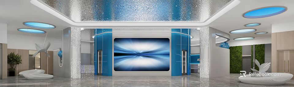 Modern Blue Service Hall With Large Screen And Elevators 3d model