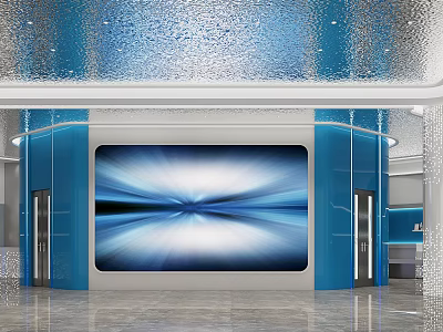 Modern Blue Service Hall With Large Screen And Elevators 3d model
