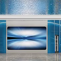 Modern Blue Service Hall With Large Screen And Elevators 3d model