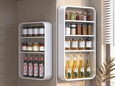 Modern Kitchen Interior With White Wall Mounted Shelves Holding Canned Foods And Bottled Drinks 3d model