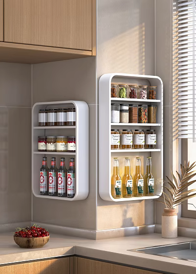 Modern Kitchen Interior With White Wall Mounted Shelves Holding Canned Foods And Bottled Drinks 3d model