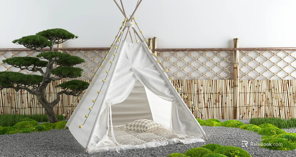 White Teepee Tent With Cushion Inside Near Bamboo Fence And Pine Tree 3d model 