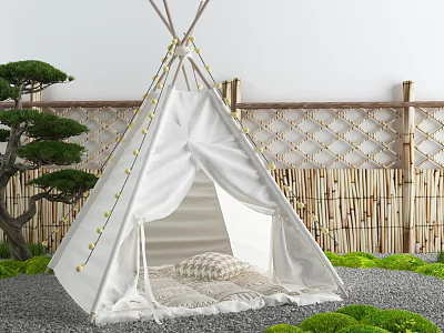 White Teepee Tent With Cushion Inside Near Bamboo Fence And Pine Tree 3d model