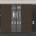 Modern Wooden Wardrobe With Glass Doors Hanging Clothes Drawers Open Shelves Mirror And Stool