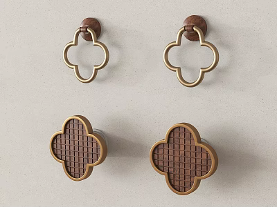 Elegant Brass Wooden Knobs With Clover Shape And Checkerboard Pattern For Cabinets 3d model