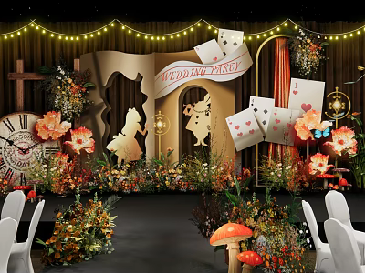 Alice in Wonderland Themed Banquet Hall With Cards Flowers Decorations And String Lights 3d model