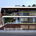 Modern Sales Office Building With Glass Curtain Walls Wooden Elements And Staircase Surrounded By Trees